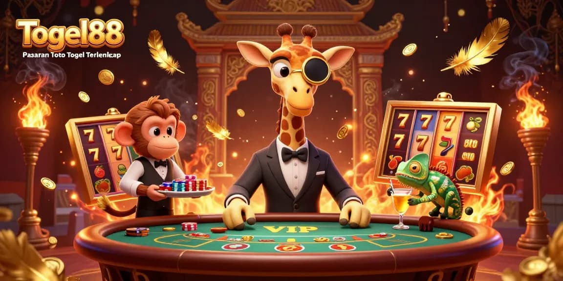 Togel88 Pasaran Toto Togel Terlengkap showcases a high-roller giraffe at a vibrant gaming scene with slot reels and dynamic gaming elements.