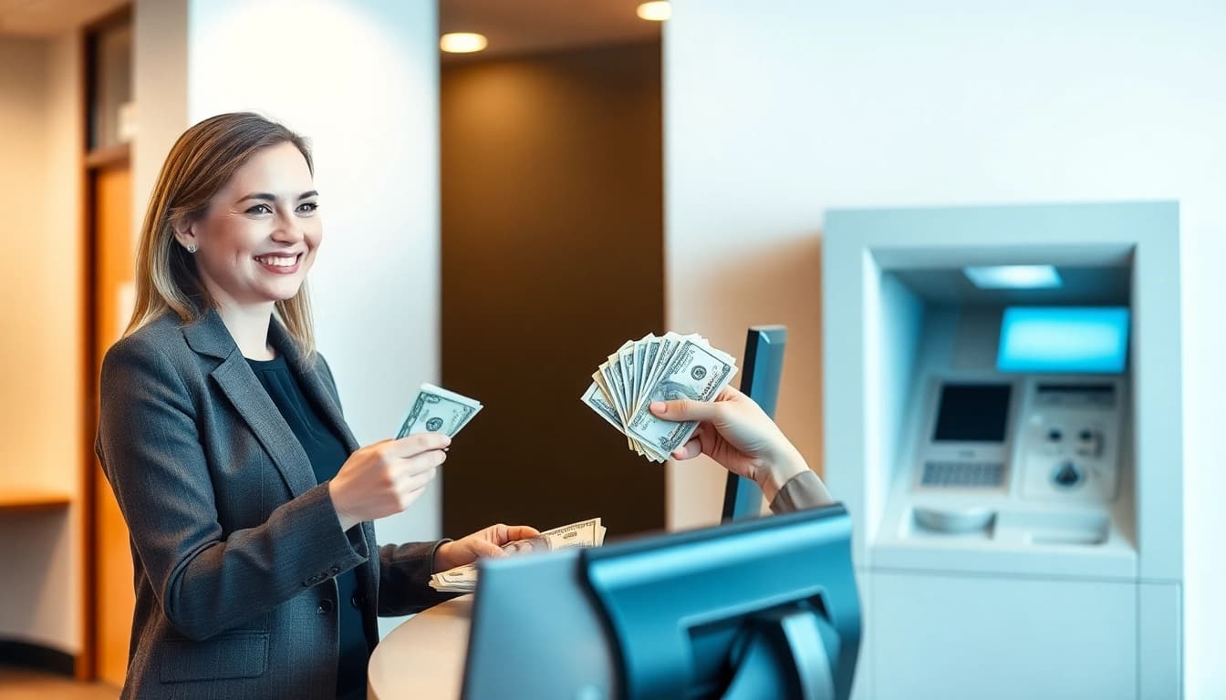 Membantu nasabah dengan deposit 1k di bank modern, teller profesional melayani dengan ramah.