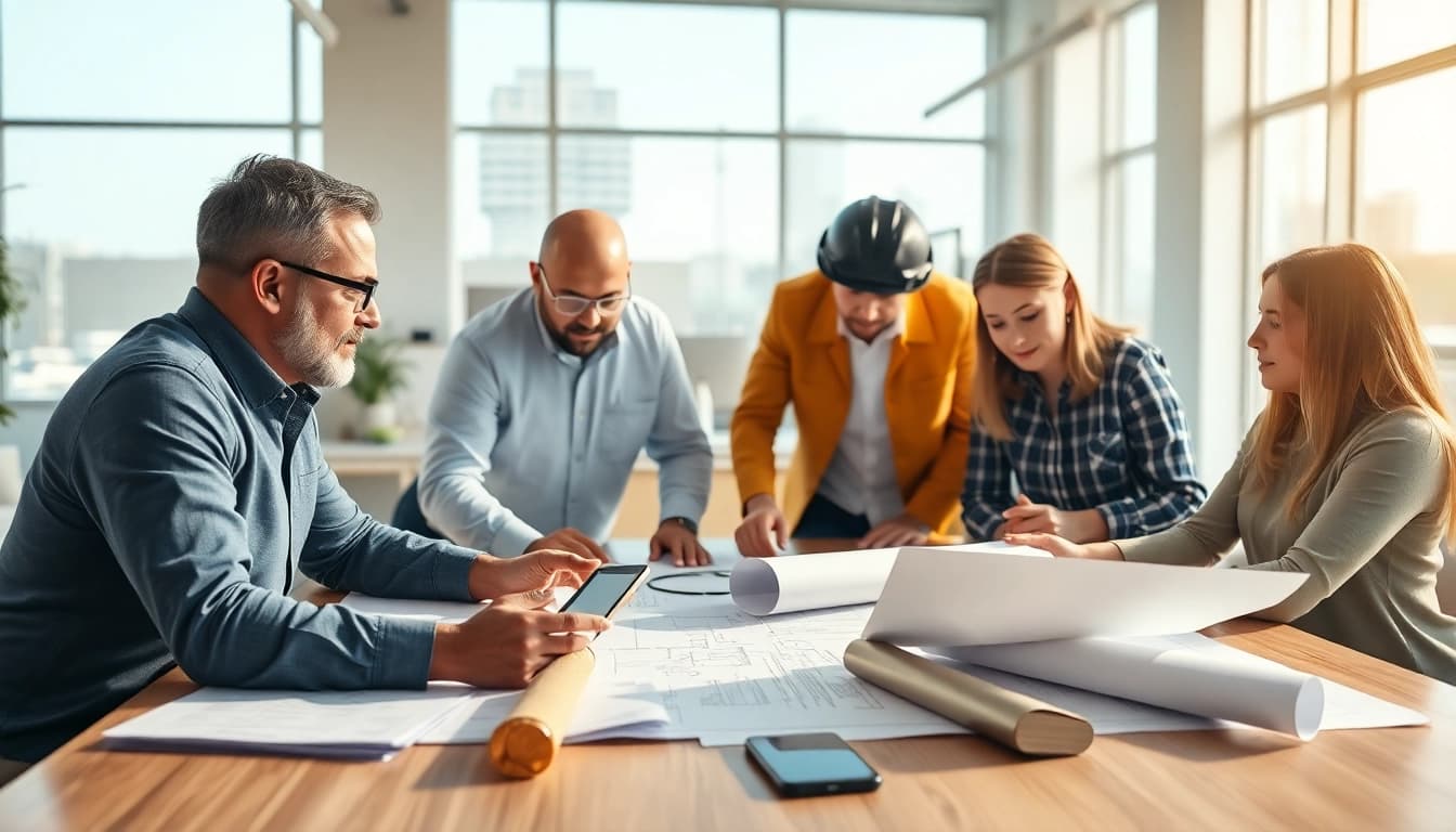 Construction member organization collaborating effectively in a modern workspace setting.