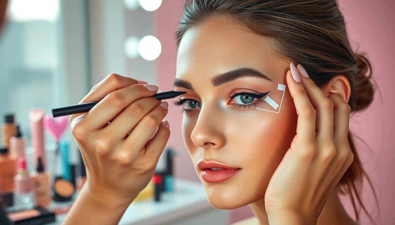 Eyeliner stencil applied by a makeup artist on a model, showcasing precision and beauty.