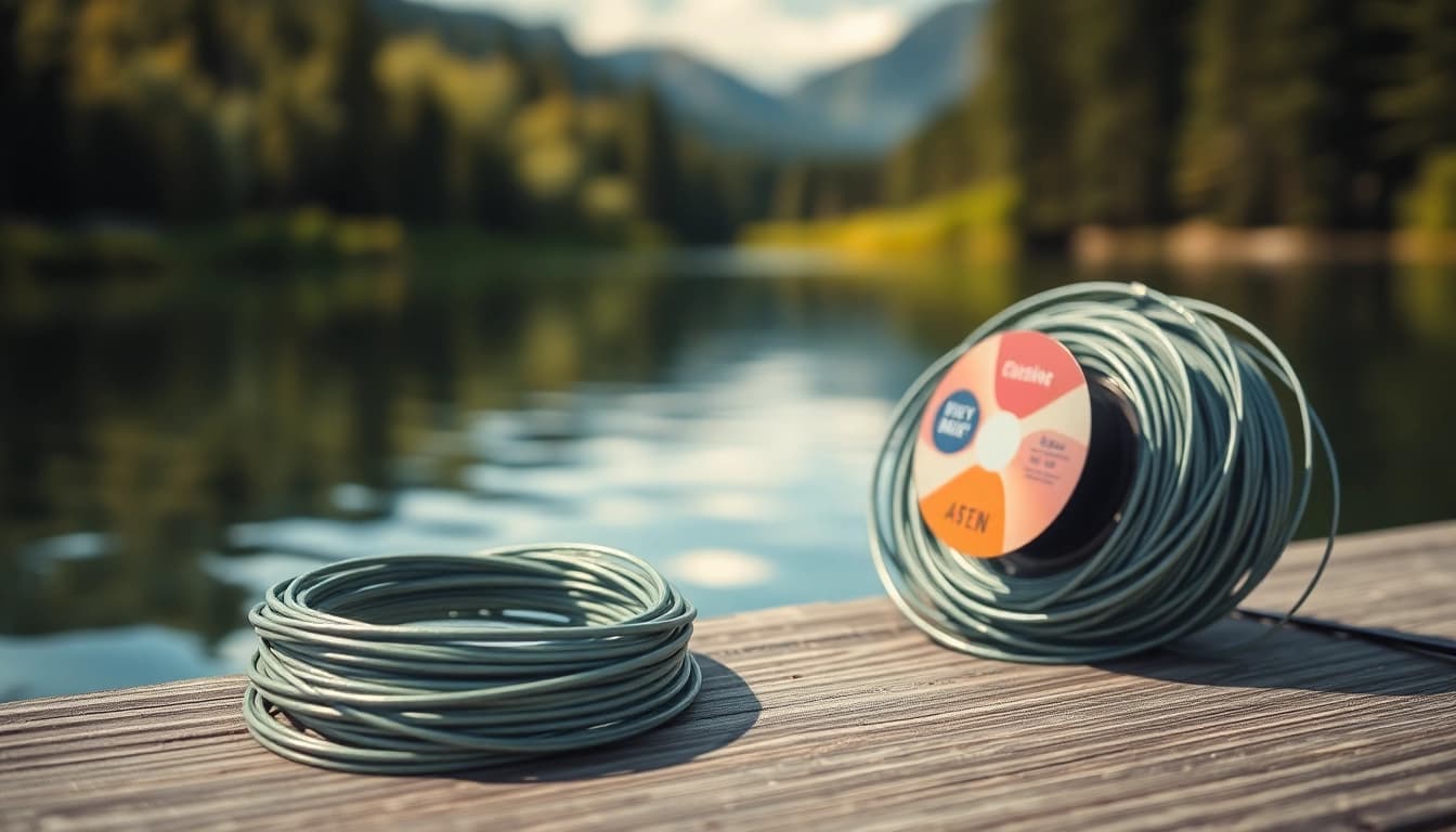 Choosing a fly fishing line laid on a wooden dock surrounded by nature.