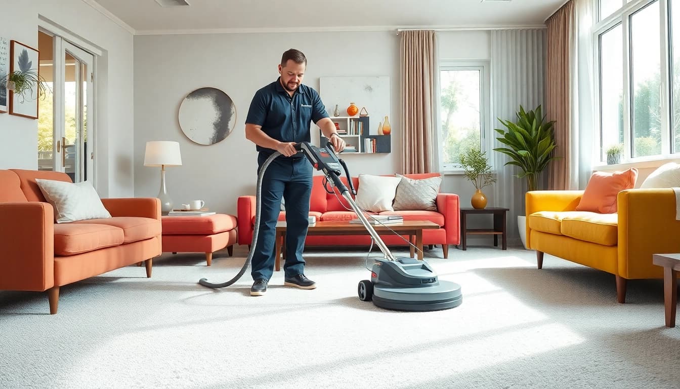 Technician in a carpet cleaning business actively cleaning a vibrant carpet in a modern living room.