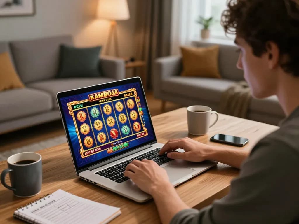 Playing slot kamboja on a laptop at home, showcasing an immersive online gaming experience with strategic focus.