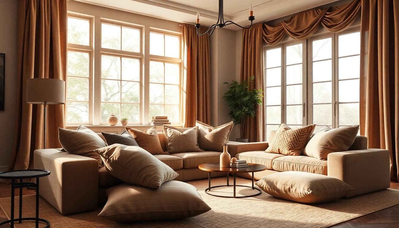 Bekijk luxe & structuurstoffen in een stijlvolle woonkamer met gezellige inrichting en natuurlijke verlichting.