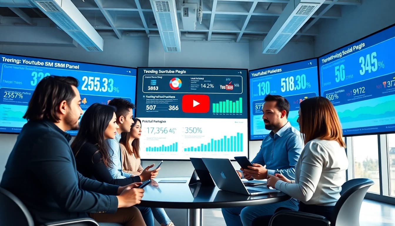 Engaged marketers collaborating on strategies using a youtube smm panel, showing vibrant analytics.