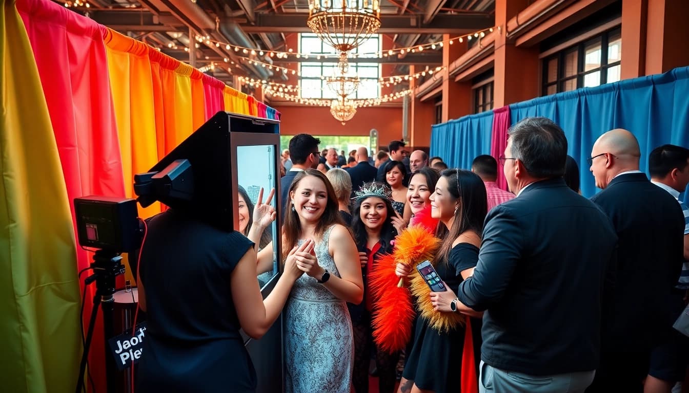 Guests enjoying a photo booth Chicago experience with lively props and colorful backdrop.
