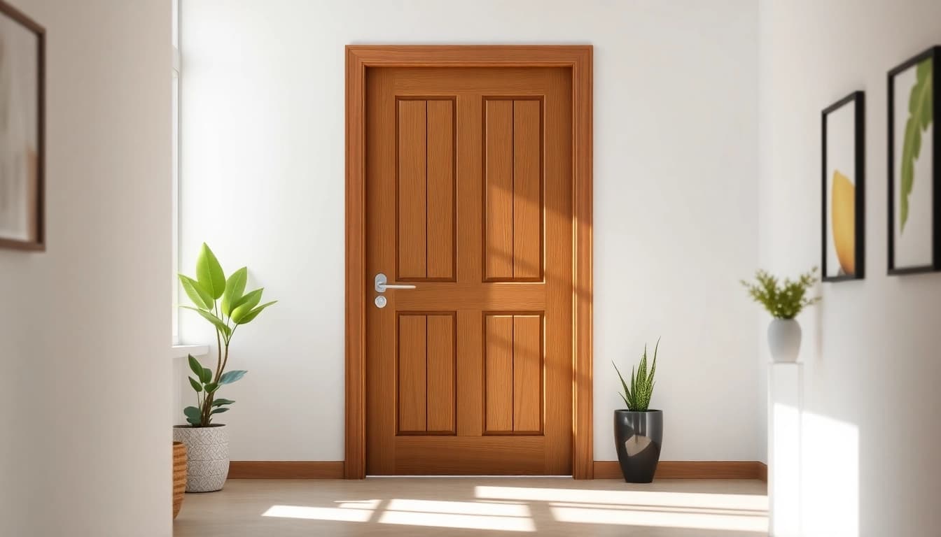 Beautiful Single leaf swing door in a modern hallway, showcasing elegant design and warm wood texture.