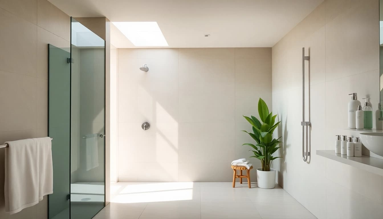 Experience elegant showers Australia with modern bathrooms featuring lush green accents and a bright ambiance.