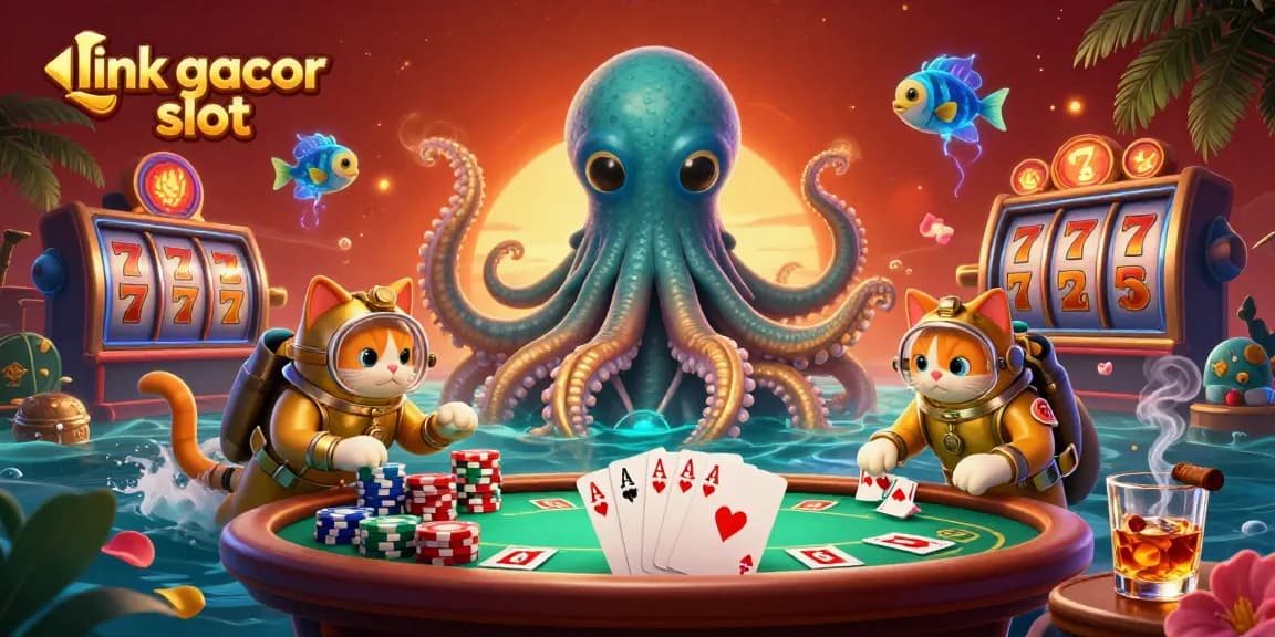 Experience thrilling wins at link gacor slot featuring a vibrant casino scene with a kraken, diving cat, and deep-sea fish.