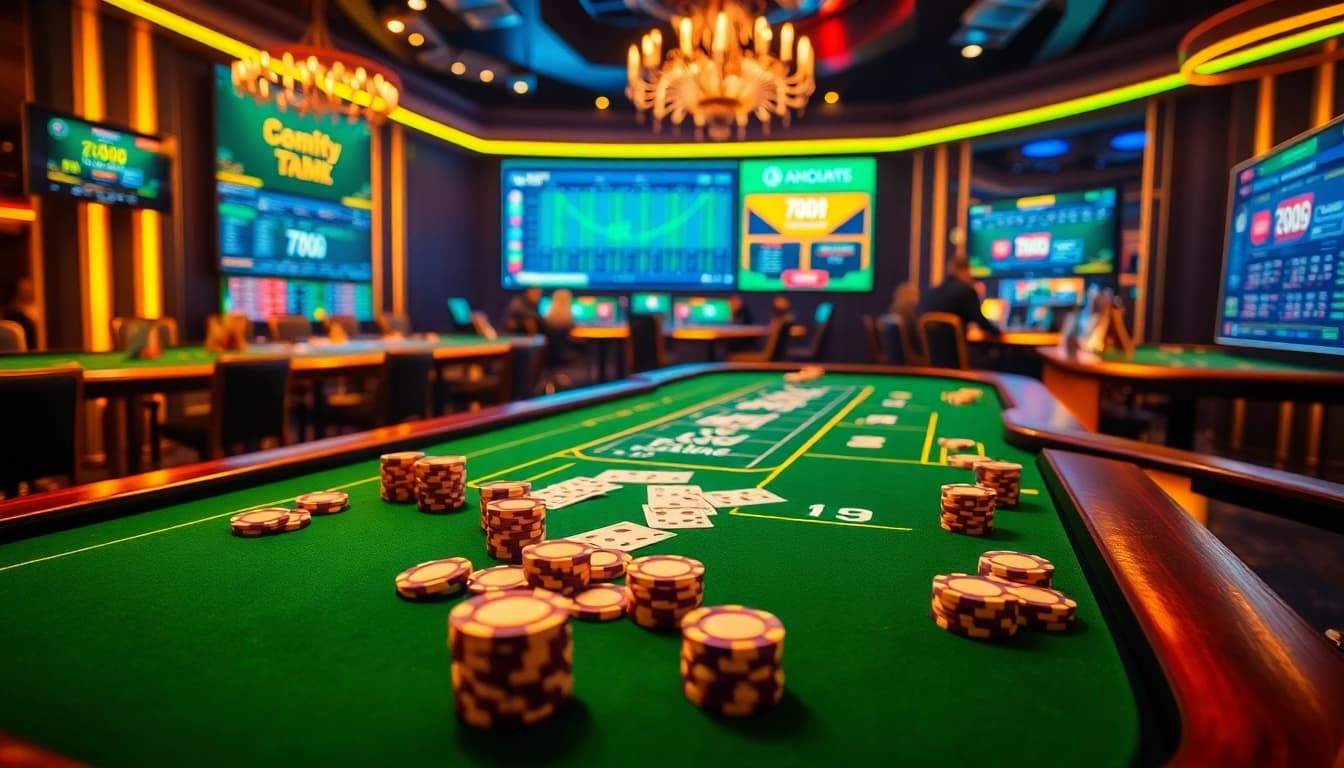 Gamblers analyzing real-time odds and live scores using the 7mcn platform in a luxurious casino setting.