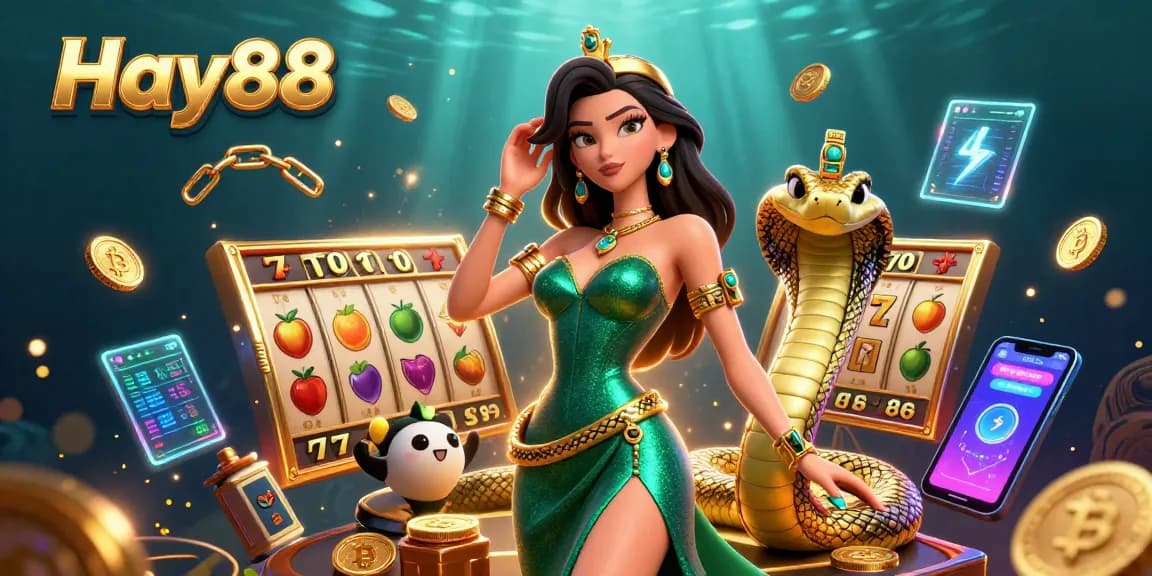Experience the thrilling excitement of Hay88 with a vibrant casino scene featuring slot games and golden elements.