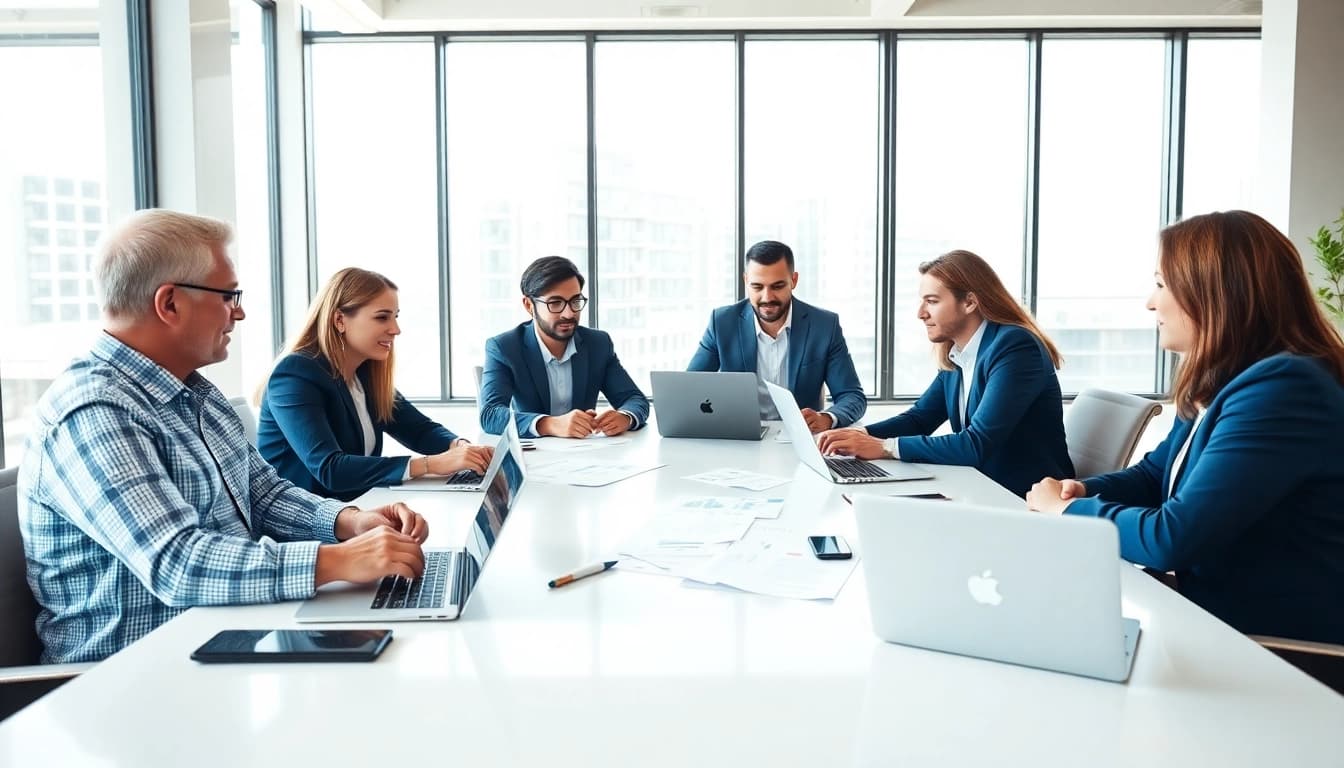 SEO consulting in a professional office setting highlighting teamwork and strategy discussions.