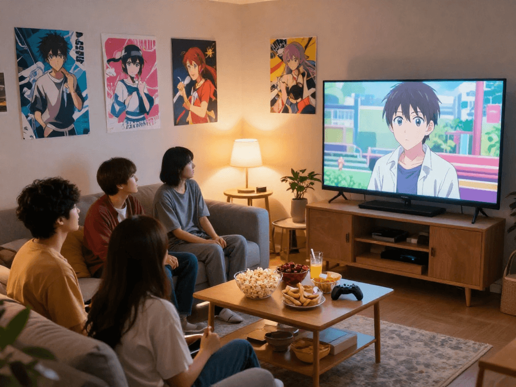 Pengalaman menonton animeplay dengan teman di ruang tamu yang nyaman.