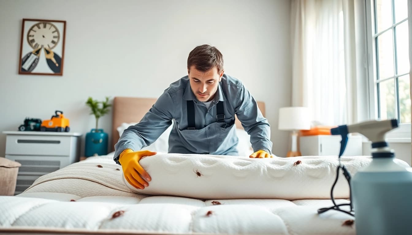 Assessing bed bug exterminator cost with a professional pest control technician.