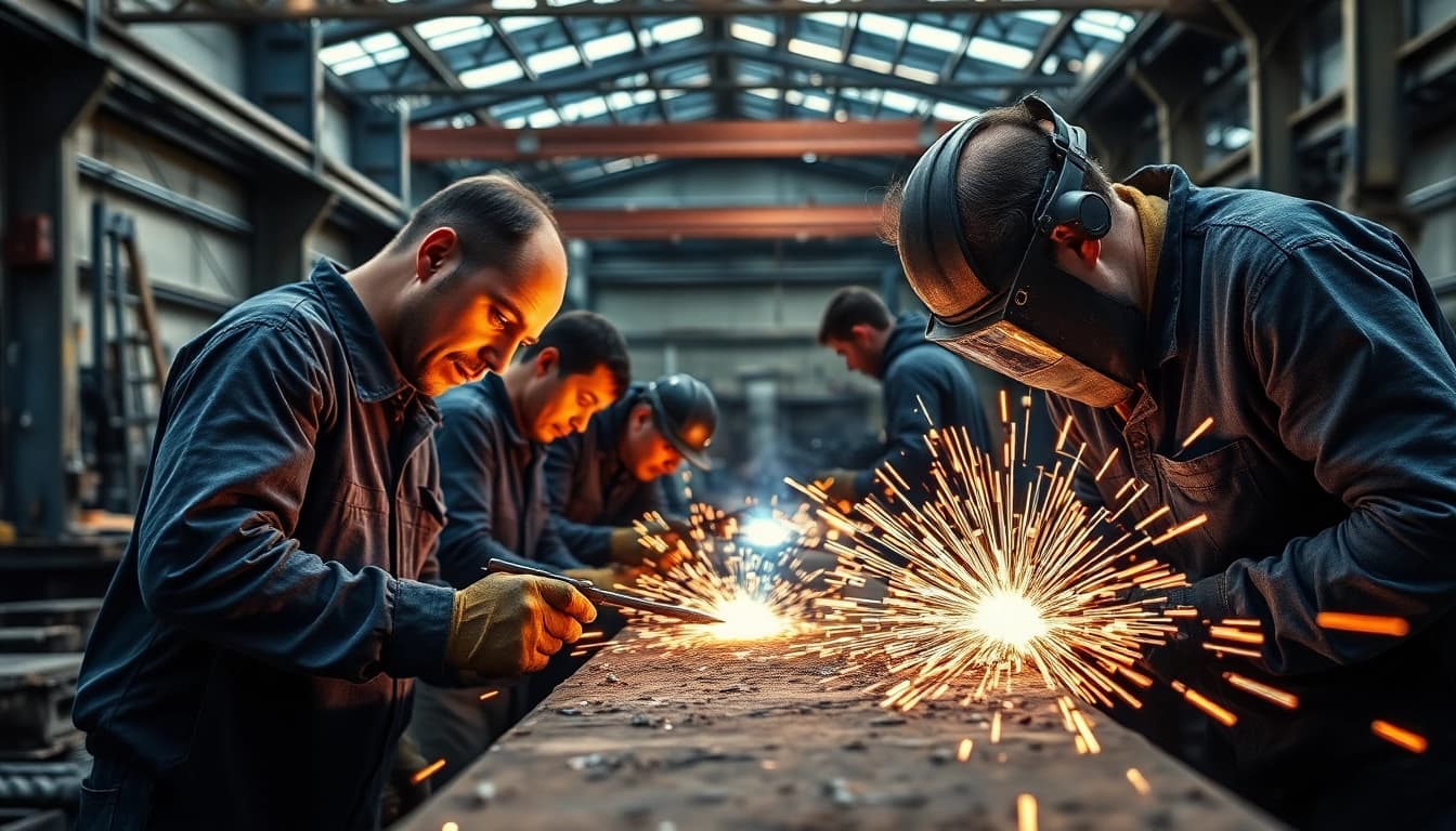Craftsmen engaged in custom steel fabrication with intricate steel designs.