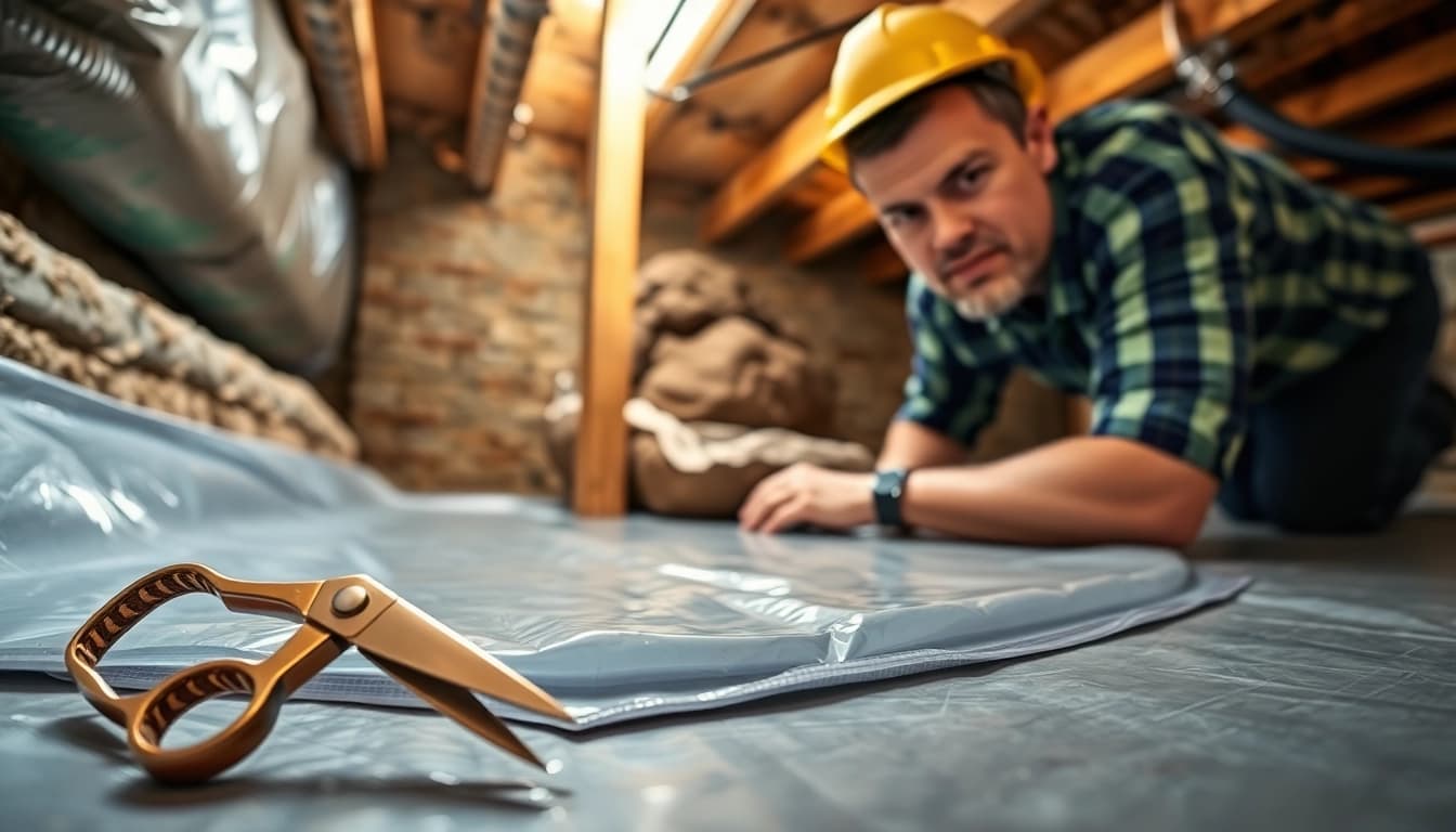 Contractor performing vapor barrier installation in a residential crawl space, showcasing expertise and professionalism.