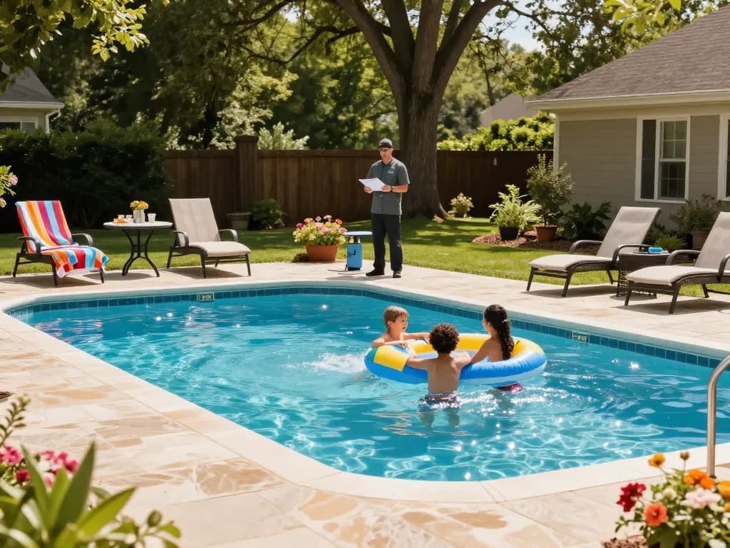 Dolphin Pool Services team ensuring a safe and clean backyard pool environment for family fun in Virginia.
