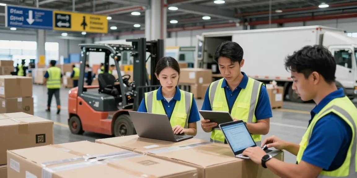 Effiziente Transporte Dortmund in einem geschäftigen Logistikzentrum, wo Teamarbeit und moderne Technologie zusammenkommen.