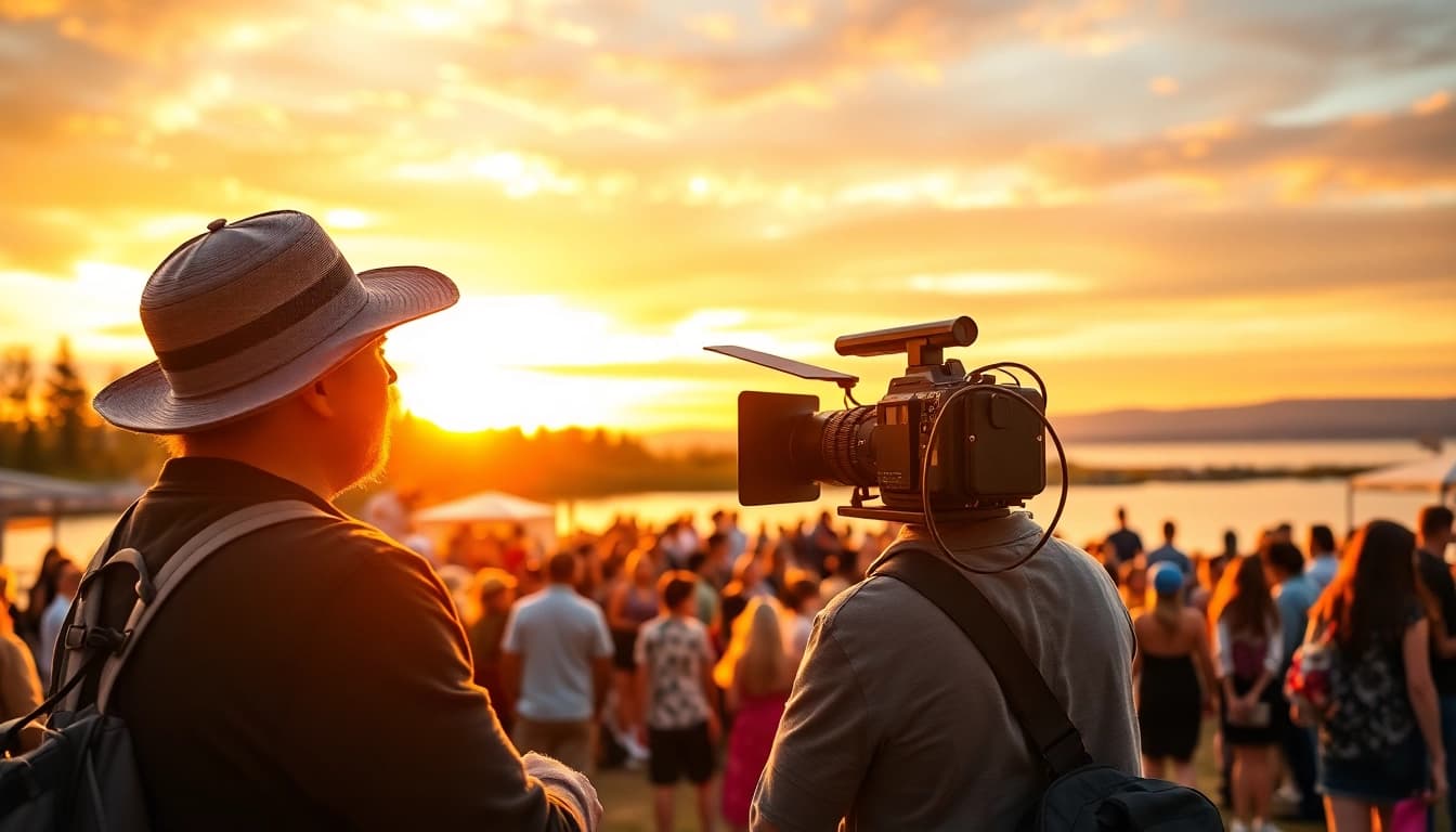 edmonton videographer capturing a lively outdoor event with vibrant sunset and engaged audience.