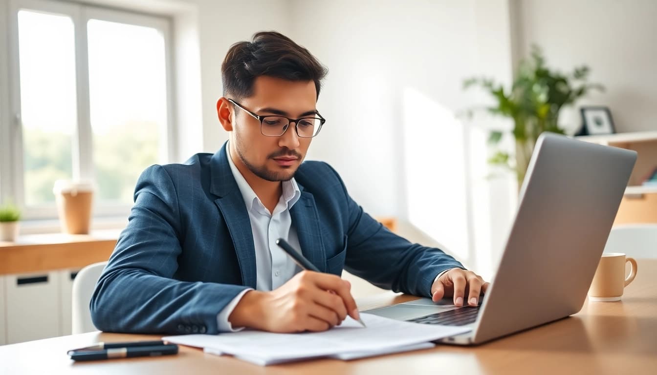 Filling out the eta application uk at a modern office desk with focused details.