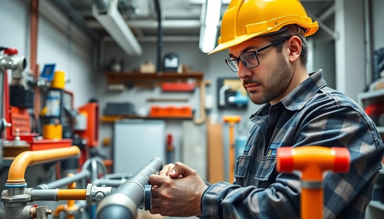 Hands-on plumbing apprenticeship training in a bright workshop showcasing tools and skills.