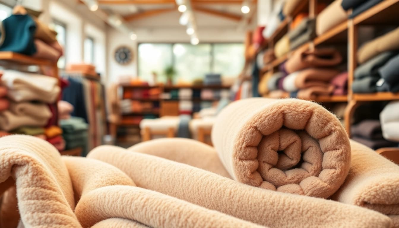 Fleece stoffen keuren met verschillende texturen en kleuren in een modewinkel.