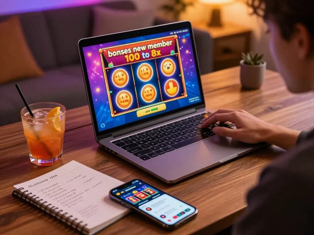 Engaged player enjoying the bonus new member 100 to 8x slots while strategizing with notes at home.