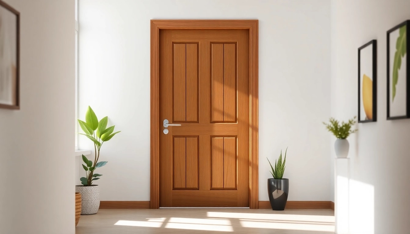 Beautiful Single leaf swing door in a modern hallway, showcasing elegant design and warm wood texture.