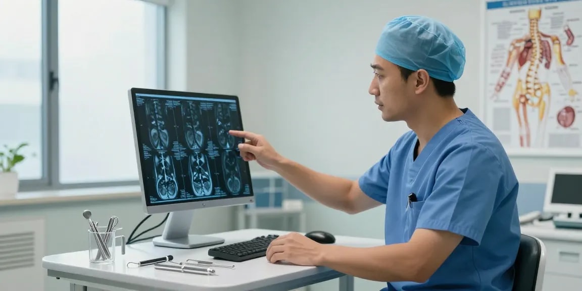 Bel kayması ameliyatı surgical consultation with a spine surgeon and patient examination of MRI scans, demonstrating advanced healthcare techniques.
