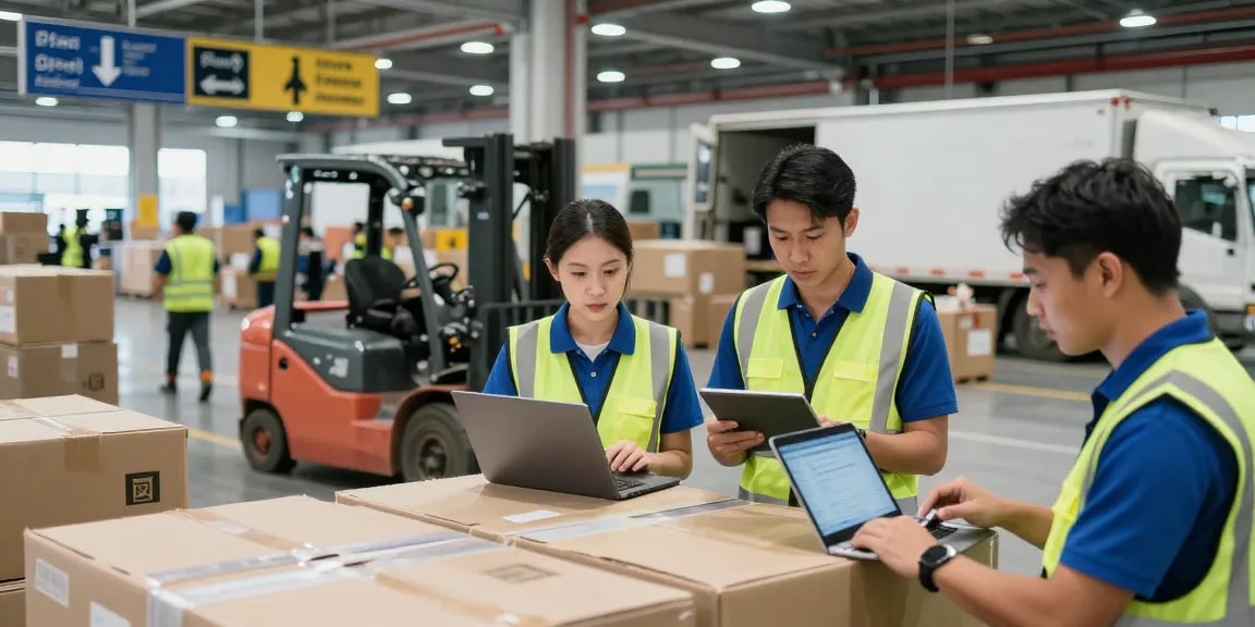 Effiziente Transporte Dortmund in einem geschäftigen Logistikzentrum, wo Teamarbeit und moderne Technologie zusammenkommen.
