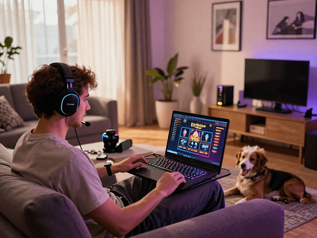 Engaging player exploring online euro casinos on a laptop in a modern home.