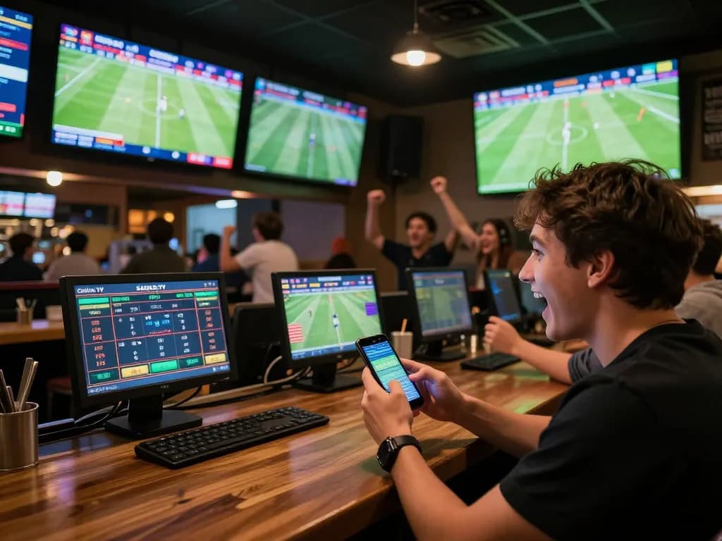 Cakhia TV users enjoying live sports betting action in a lively sports bar atmosphere