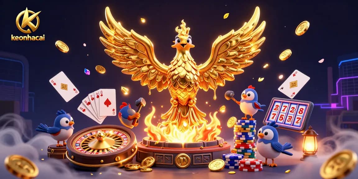 Experience the thrill of keonhacai with a golden phoenix at a dynamic casino scene.
