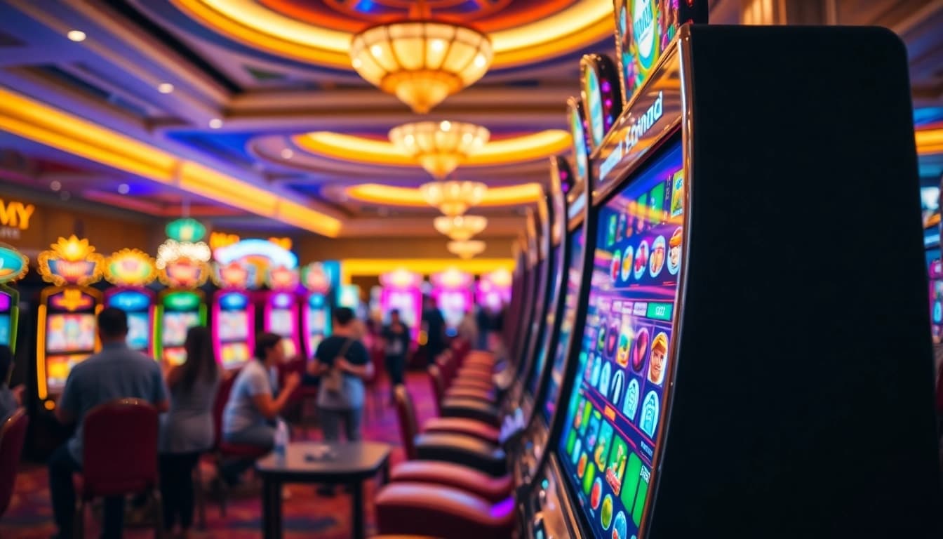 Berinteraksi dengan bandar slot di mesin slot yang cerah dan mewah di kasino.