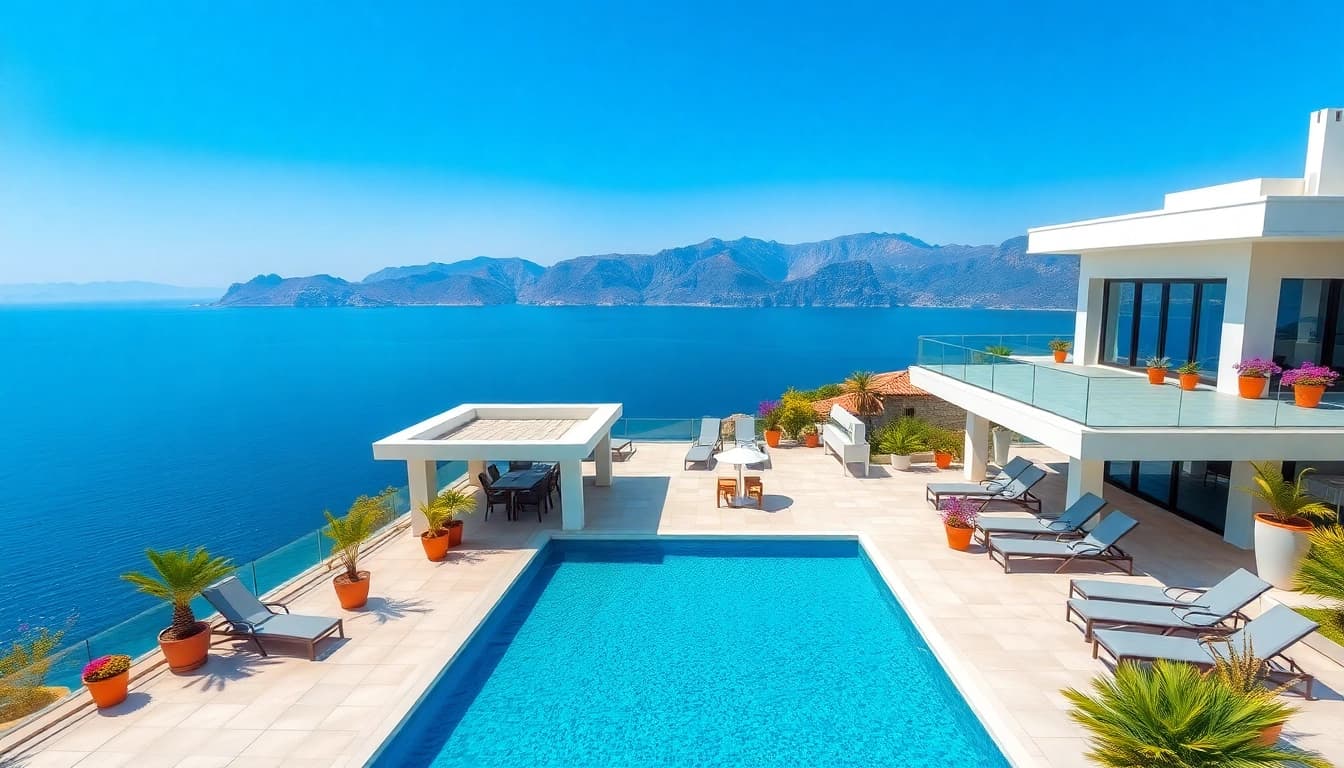 View of a luxurious villa emphasizing the desire to buy property in alanya with sea and mountain backdrop.