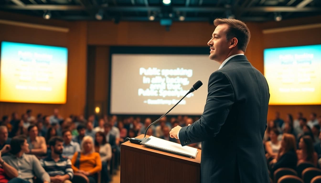 Enhance skills in Overcoming Fear of Public Speaking with a speaker at a podium inspiring an audience.