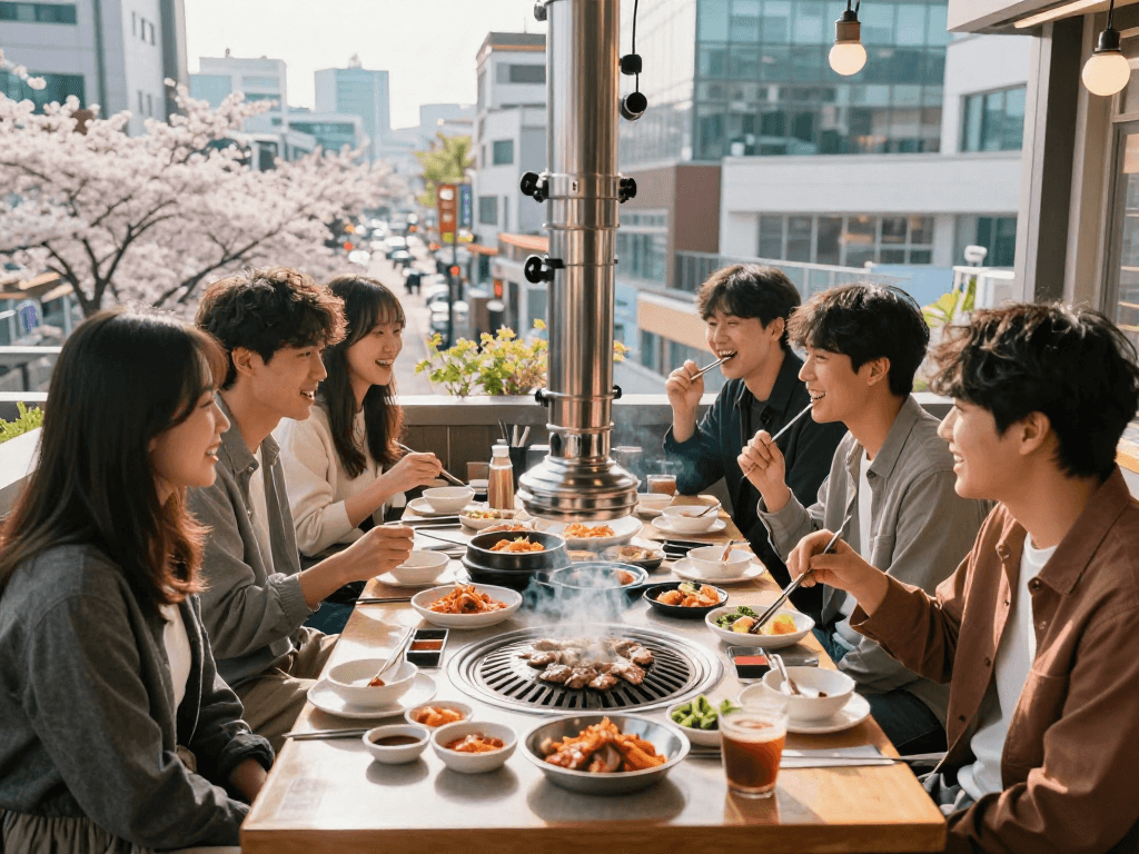 강남 달토에서 친구들과 함께 즐기는 현대적인 한식 바비큐 장면.