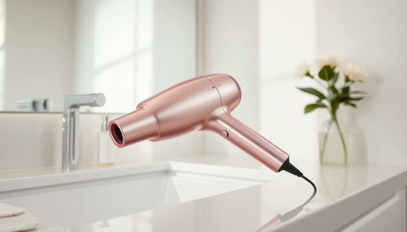 Styling hair with hair dryer for frizzy hair enhancing smoothness.