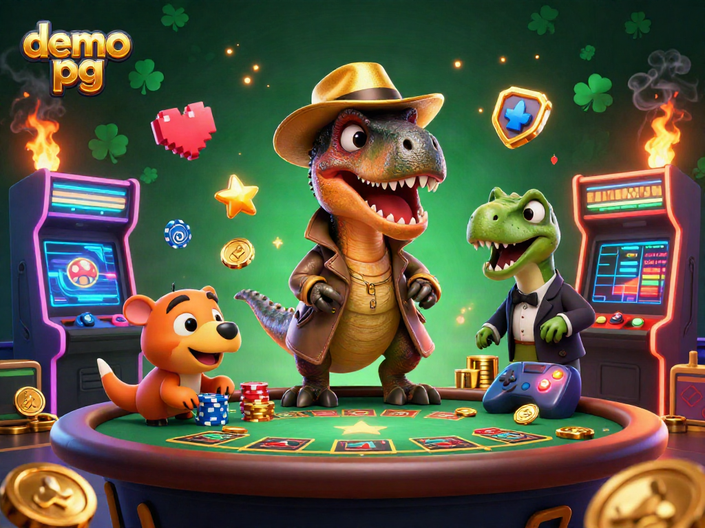 Engage with the thrilling demo pg experience featuring dinosaurs in a vibrant casino scene.