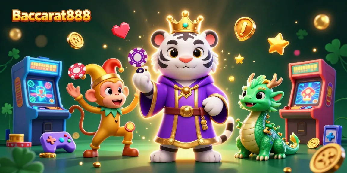 Experience Baccarat888 with a vibrant 3D illustration featuring a tiger and playful monkey in a rich casino setting.