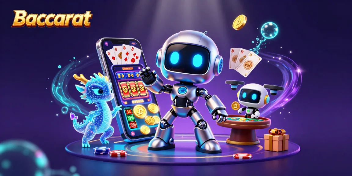 Baccarat game illustration featuring a cyberpunk robot mascot with neon blue eyes and game elements in a vibrant casino scene.