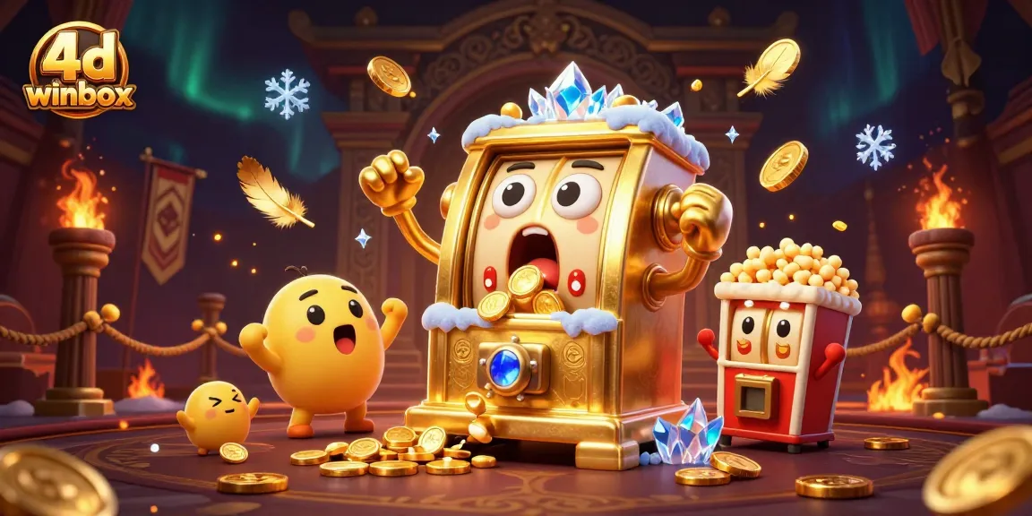 Engage with the excitement of 4d winbox as a golden slot machine wins a jackpot, surrounded by cheering machines.