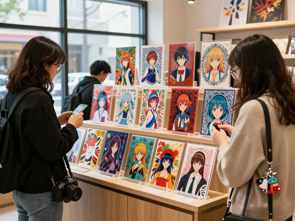 Custom acrylic standees on display, featuring vibrant designs in a retail setting, showcasing the versatility and artistic potential of acrylic standees.