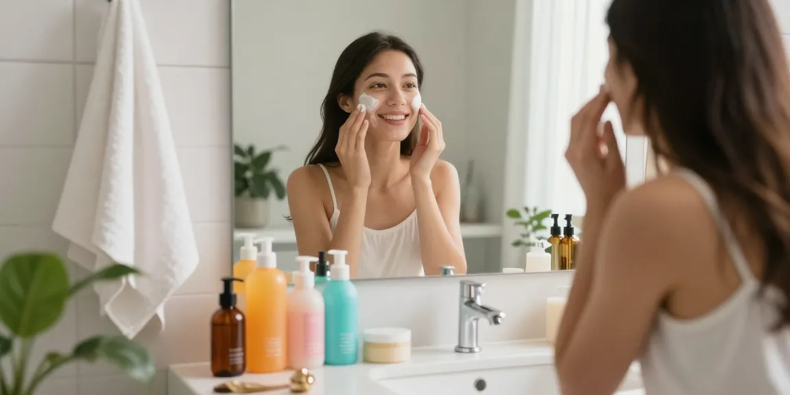 Aplicarea produselor skincare într-o baie luminoasă cu sticle vibrante.