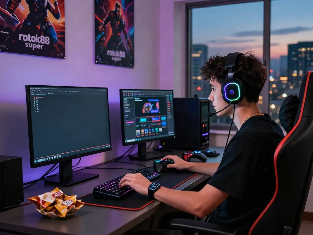 Player enjoying rokok88 super with immersive gaming setup and city view.
