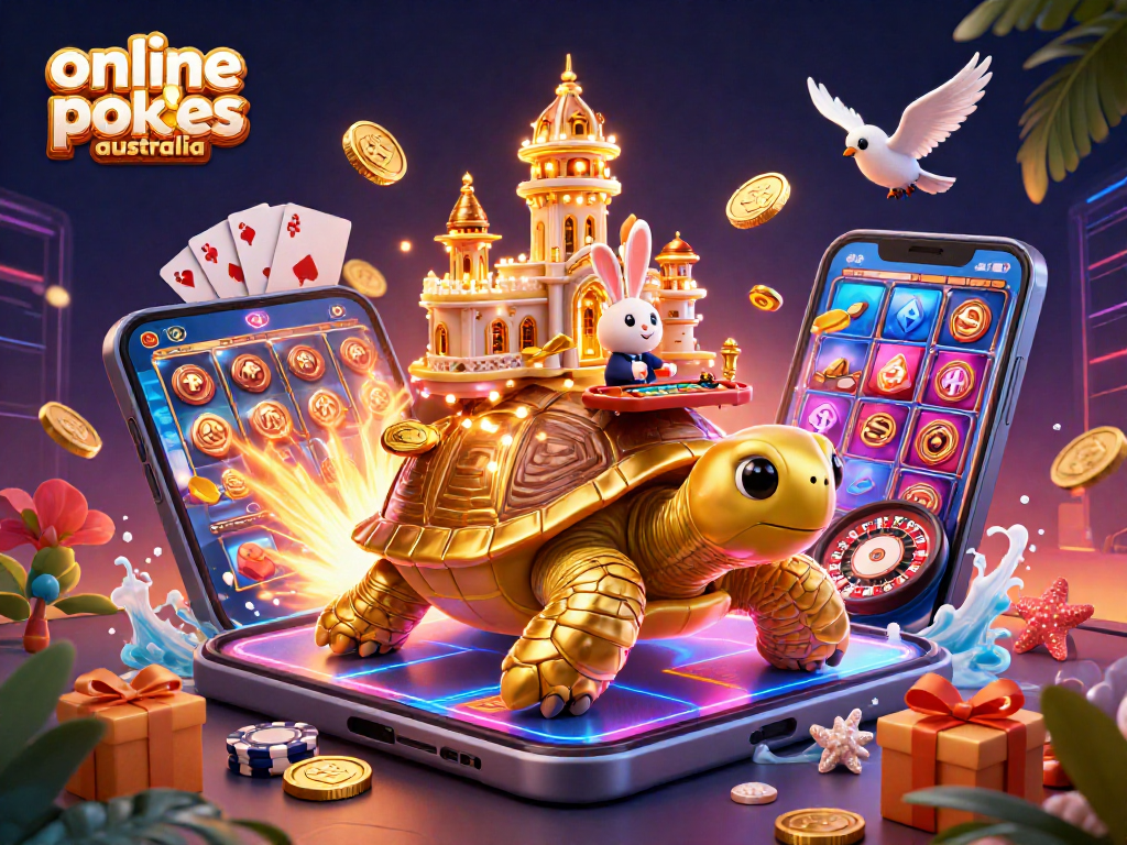 Experience online pokies Australia with vibrant 3D casino illustration featuring a golden tortoise and colorful slot games.