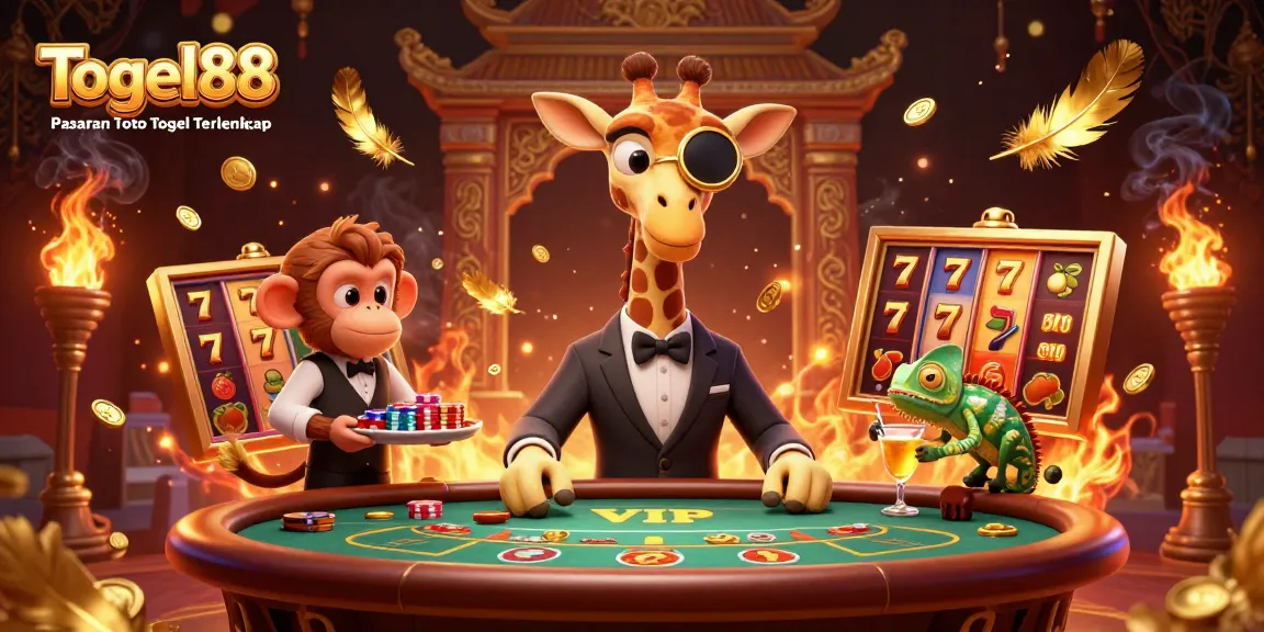 Togel88 Pasaran Toto Togel Terlengkap showcases a high-roller giraffe at a vibrant gaming scene with slot reels and dynamic gaming elements.