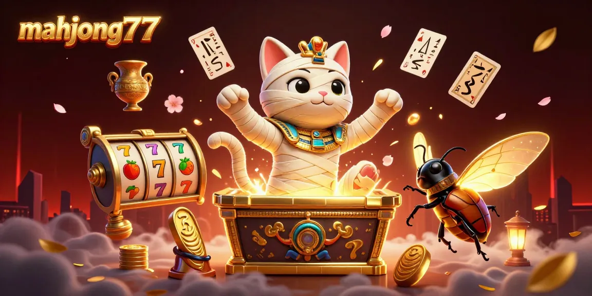Engage with mahjong777 themed slot reels, featuring a vibrant scene of an Egyptian mummy cat bursting from a sarcophagus.