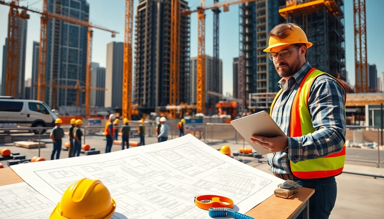 Manhattan Construction Manager overseeing a bustling worksite with blueprints and cranes.