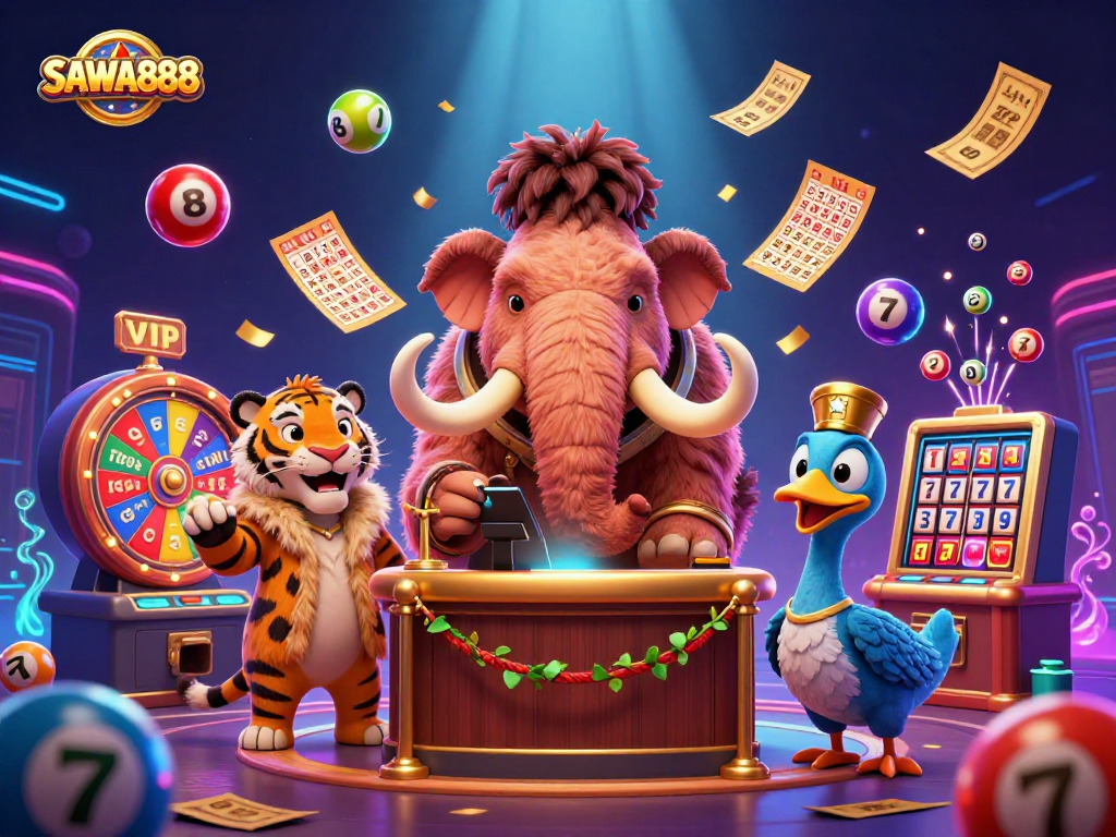 Experience SAWA888 with vibrant characters and exciting gaming elements showcased in a lively casino illustration.